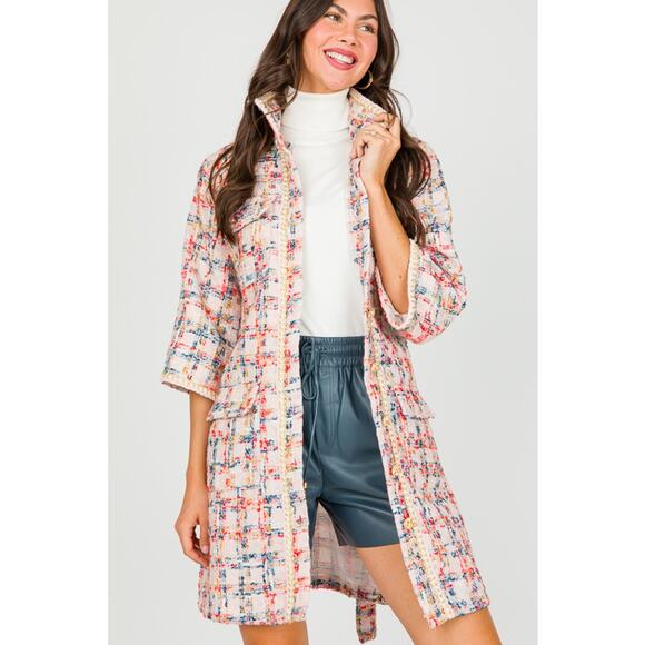 Easel Tweed Belted Shirt Dress/Coat, Teal Blush - Picture 6 of 11